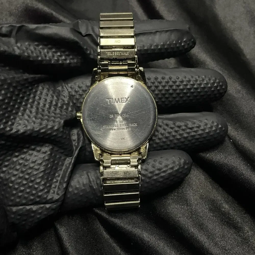 Timex Indiglo Quartz Watch Date Indiglo 30m Gold Tone SS 37mm New Battery